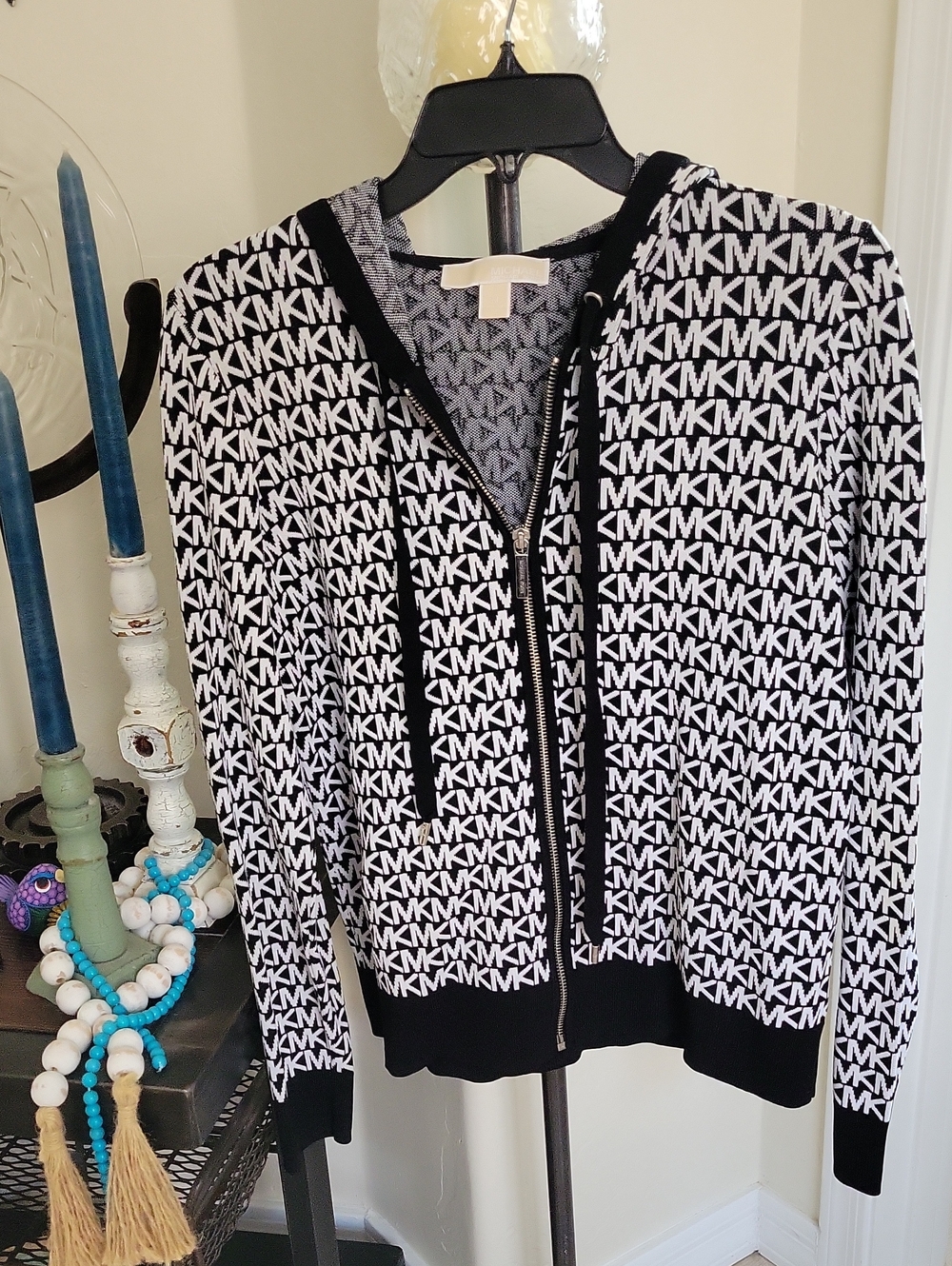 Michael Kors Black & White MK Logo Zip Front Sweater Hoodie